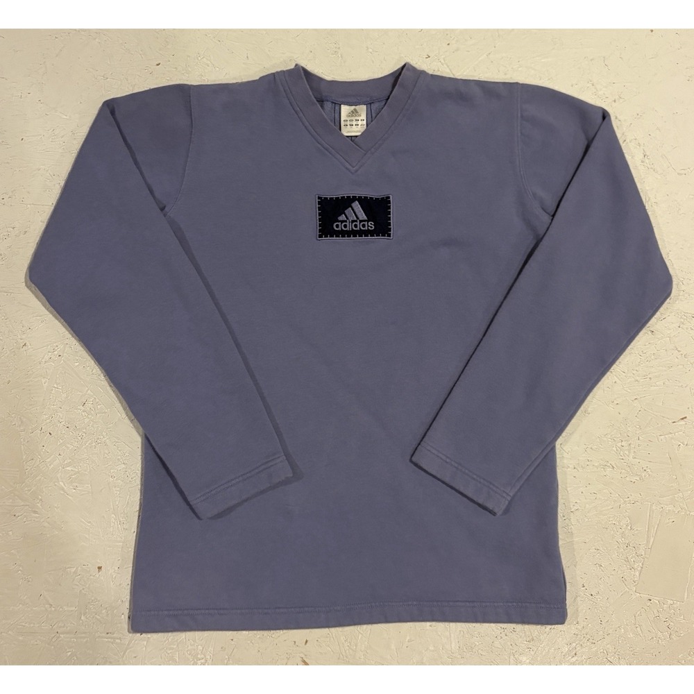 Vintage 90s Adidas Logo Sweater Youth XL Womens S Purple V Neck Sweatshirt - Picture 1 of 11